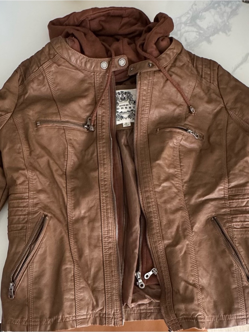 Faux Leather Hooded Moto Jacket in Brown